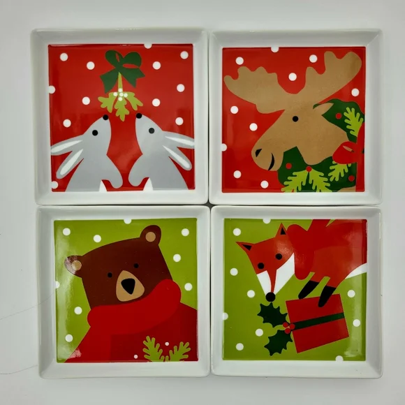 Crate & Barrel Appetizer Dessert Plates Holiday Set Of 4 Joan Anderson Square - Picture 1 of 13